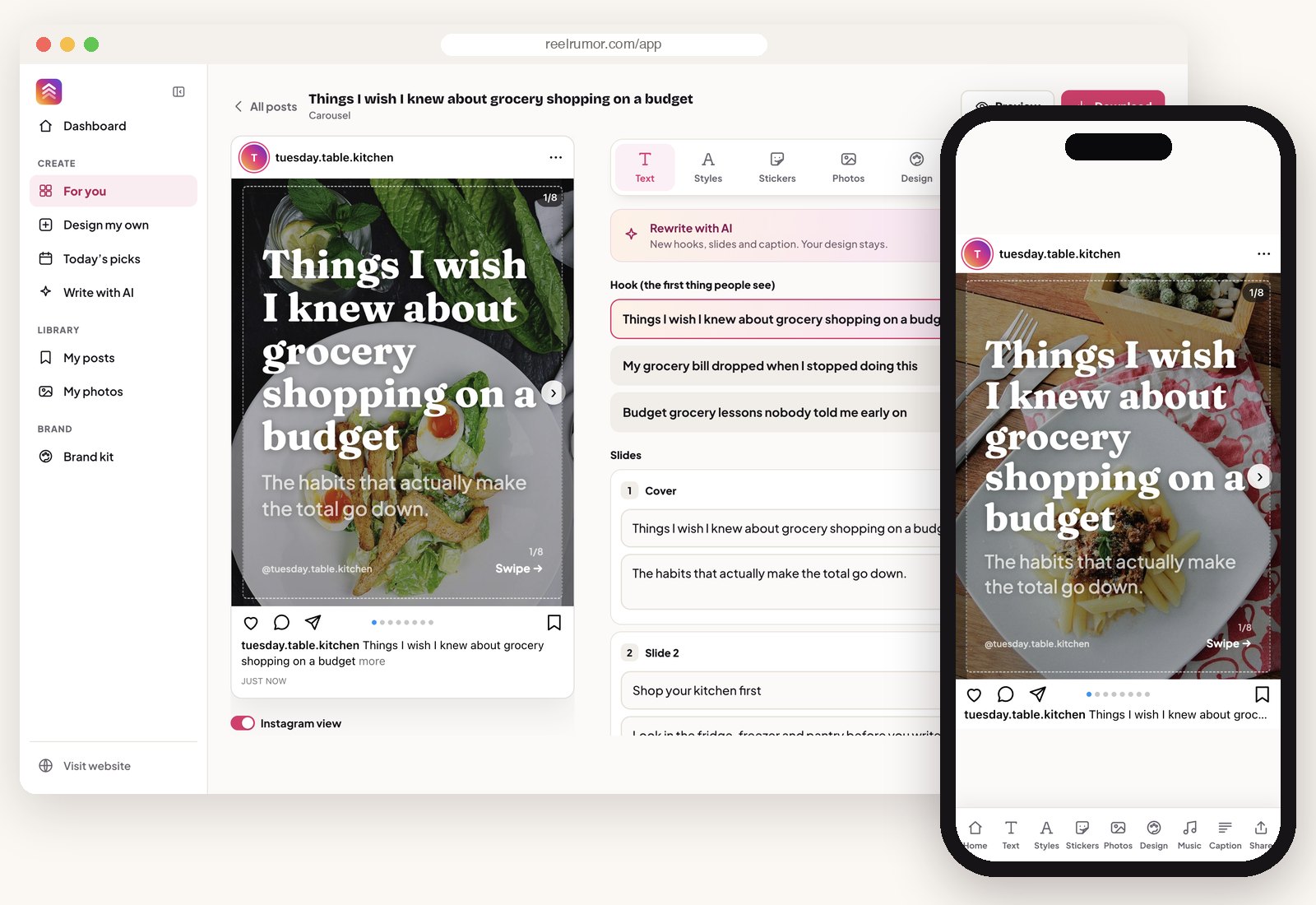 A post open in the ReelRumor editor with an Instagram preview