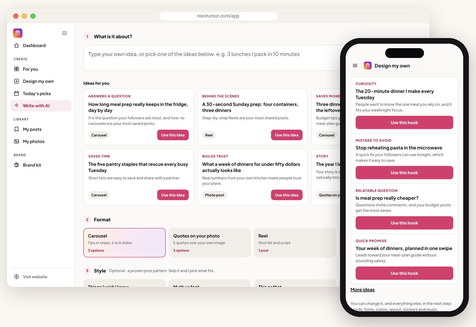 Post ideas and hook options in ReelRumor, each with an explanation